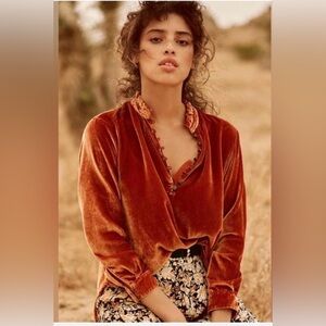 Anthropologie Kristianne Burnt Orange Velvet Blouse Size XS